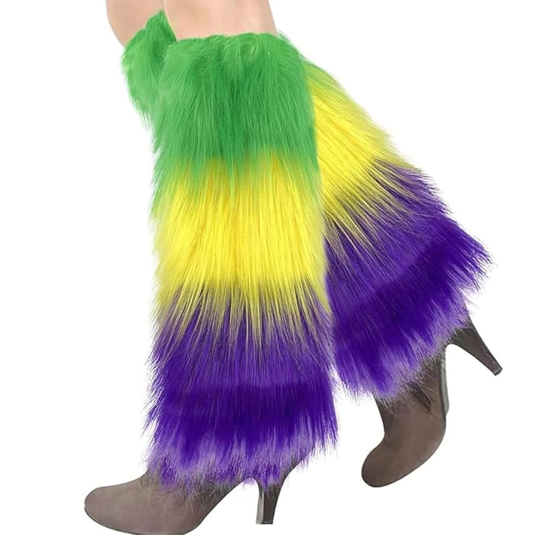 Abien Mardi Gras Fluffy Leg Warmers Green/Yellow/Purple · 15.7 in