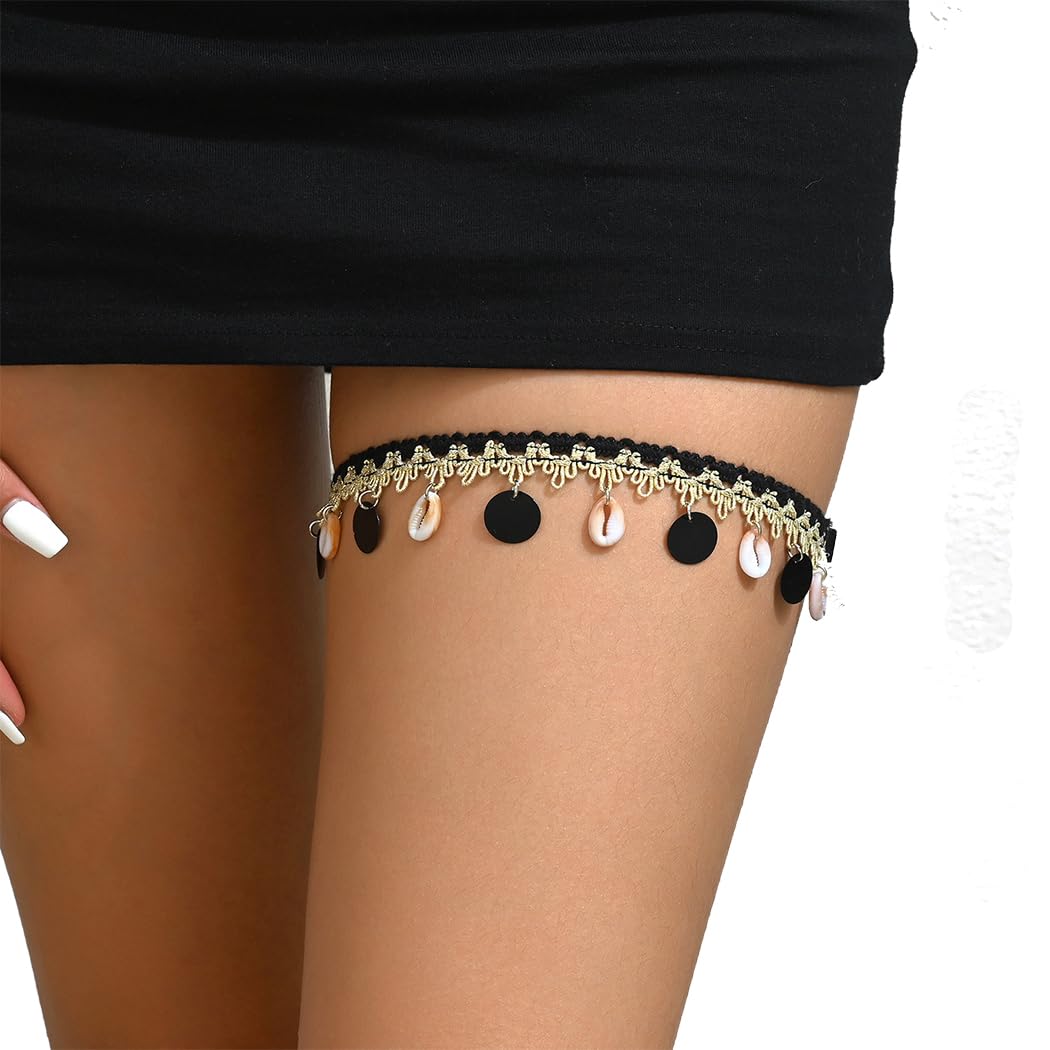 Abien Shell-Accent Thigh Garter Black · Adjustable Size