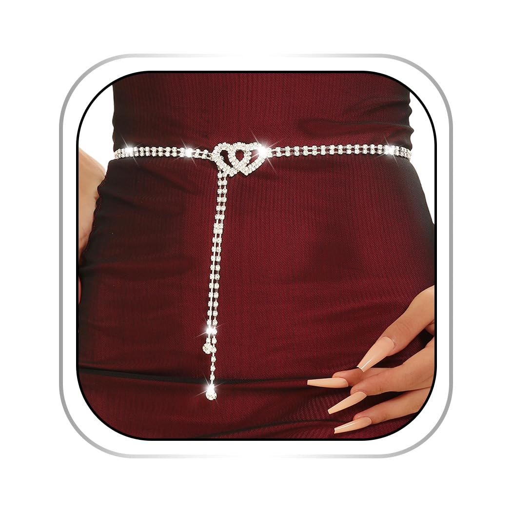 Abien Rhinestone Heart Chain Belt Silver · 110cm/43.3in
